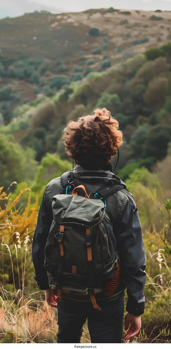 Young Man Hiking With Backpack On Mountain Trail