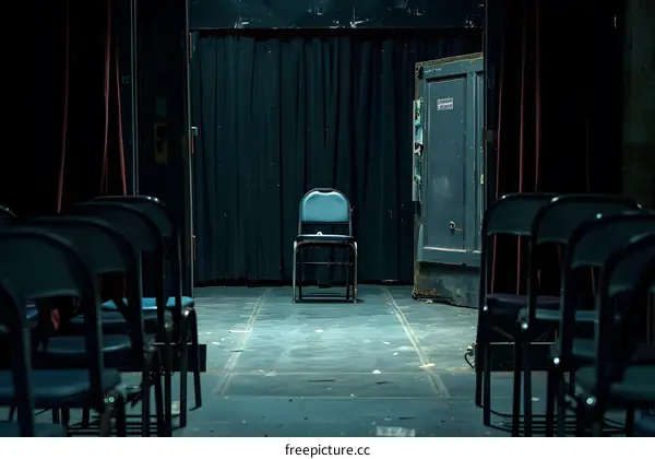 Empty Stage With Chairs And Single Chair In Front Of Curtains