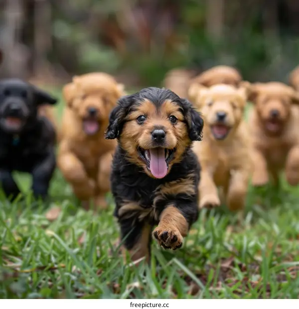 Puppies Running on Grassy Lawn