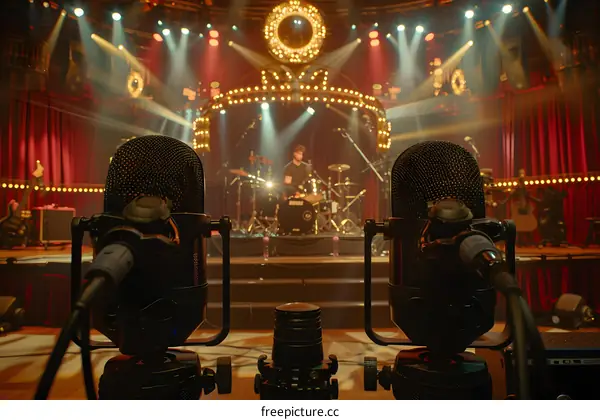 Two Black Microphones in Front of a Stage with a Band