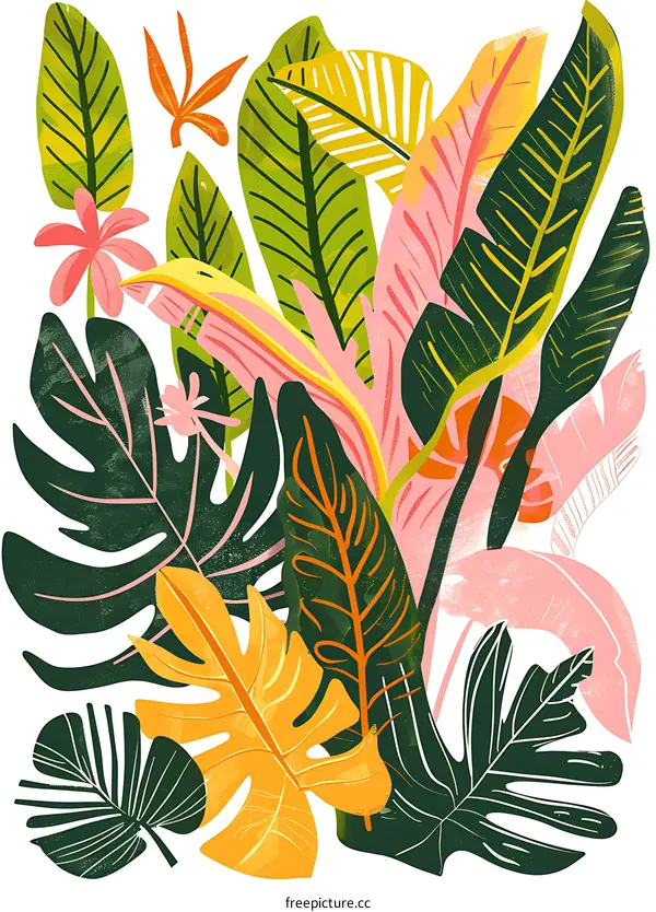Tropical Leaves Illustration with Pink and Yellow