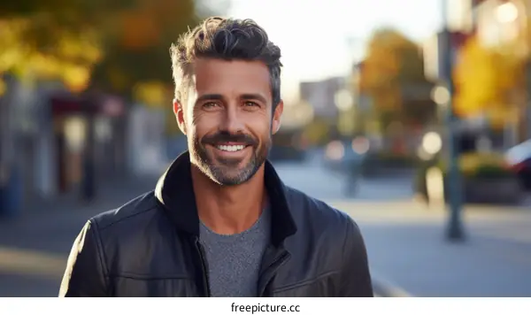 Handsome man with beard smiling in the street