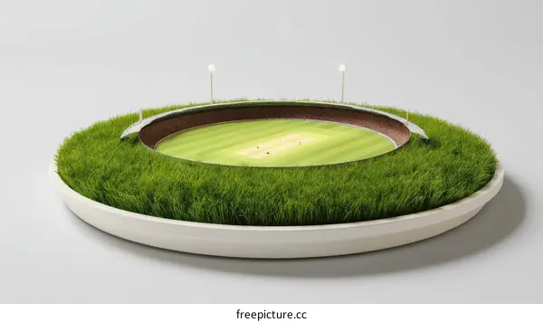 Miniature Cricket Stadium on a Circular Grassy Tray
