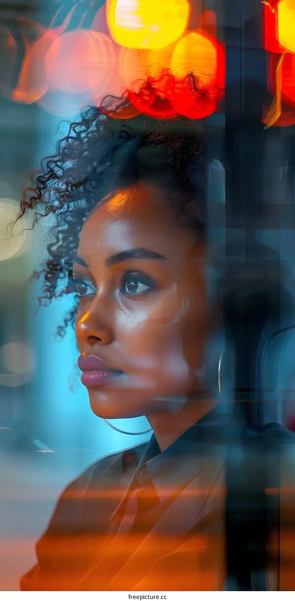 portrait of a young woman with curly hair looking away from the camera