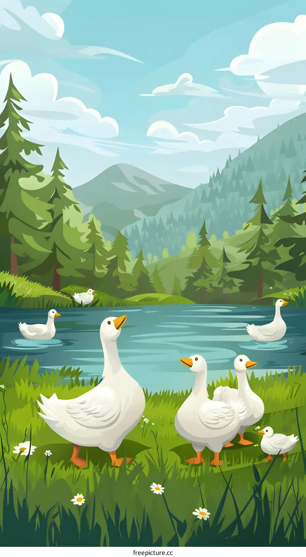 White Geese in the Meadow