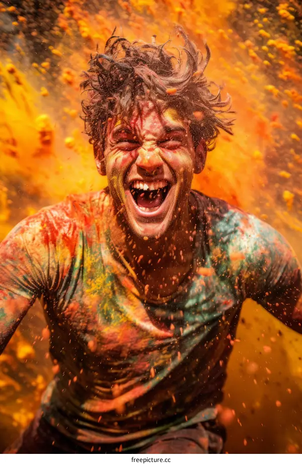 Ecstatic Indian man covered in colorful powder during the Holi festival