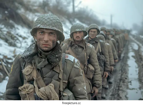 A group of soldiers wearing winter gear march through the snow during the Korean War.
