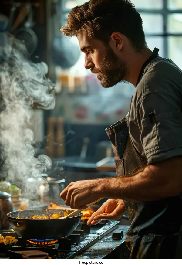 Focused male chef cooking in a restaurant kitchen