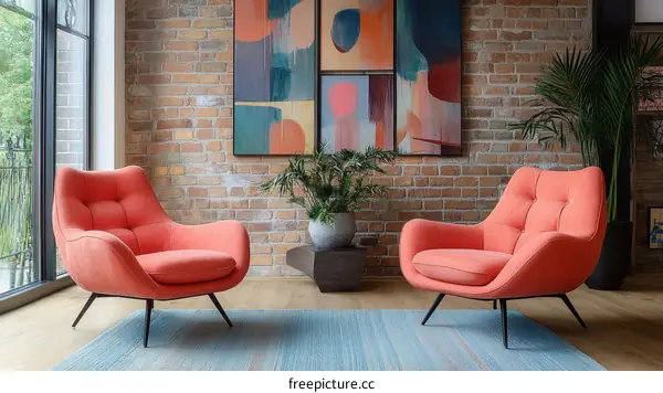 Modern Coral Armchair in a Brick Wall Living Room