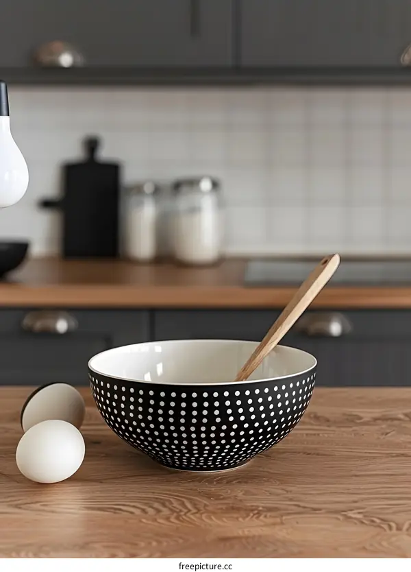 Black and White Polka Dot Bowl on a Wooden Countertop