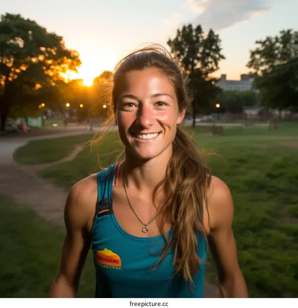 Portrait of a smiling young woman standing in a park at sunset