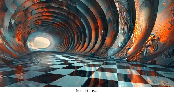 Futuristic Tunnel with Checkered Floor
