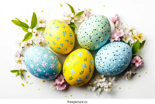 Easter Eggs with Flowers and Spring Decorations