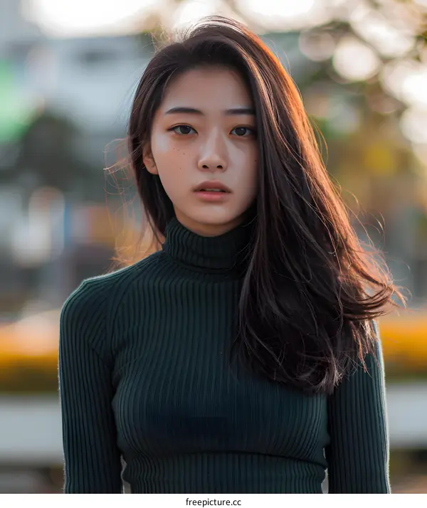 Portrait of a Young Asian Woman Wearing a Green Turtleneck Sweater