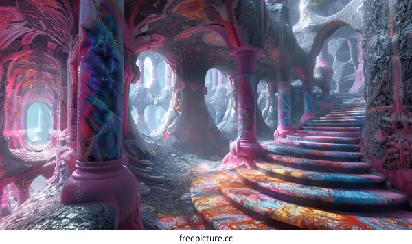 Mystical Pink Surreal Landscape with Stairs