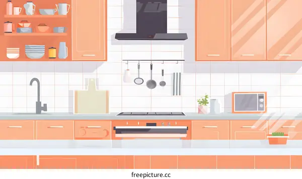 Modern Kitchen Interior Design with Orange Cabinets and Stainless Steel Appliances