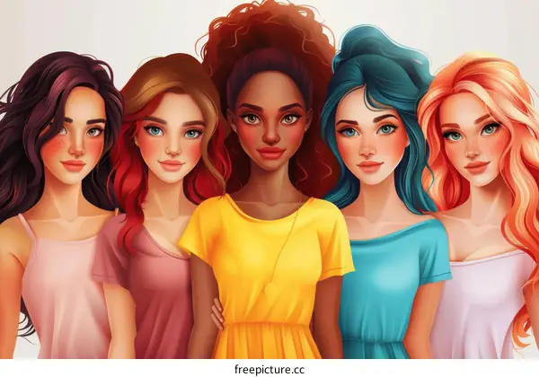 five beautiful women of different ethnicities standing together