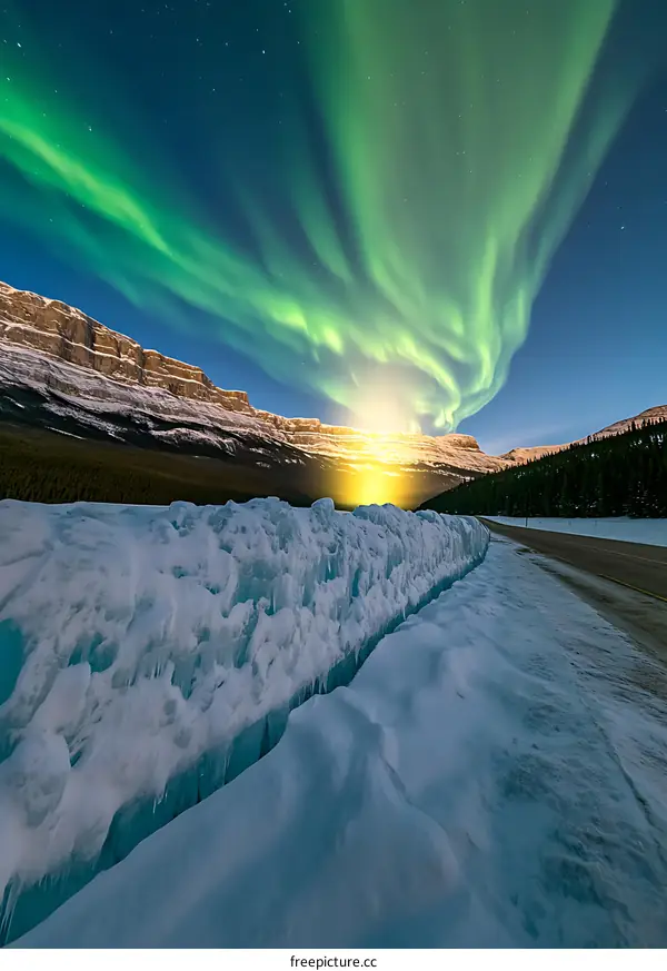 Aurora Borealis Lights Display Over Snowy Mountains