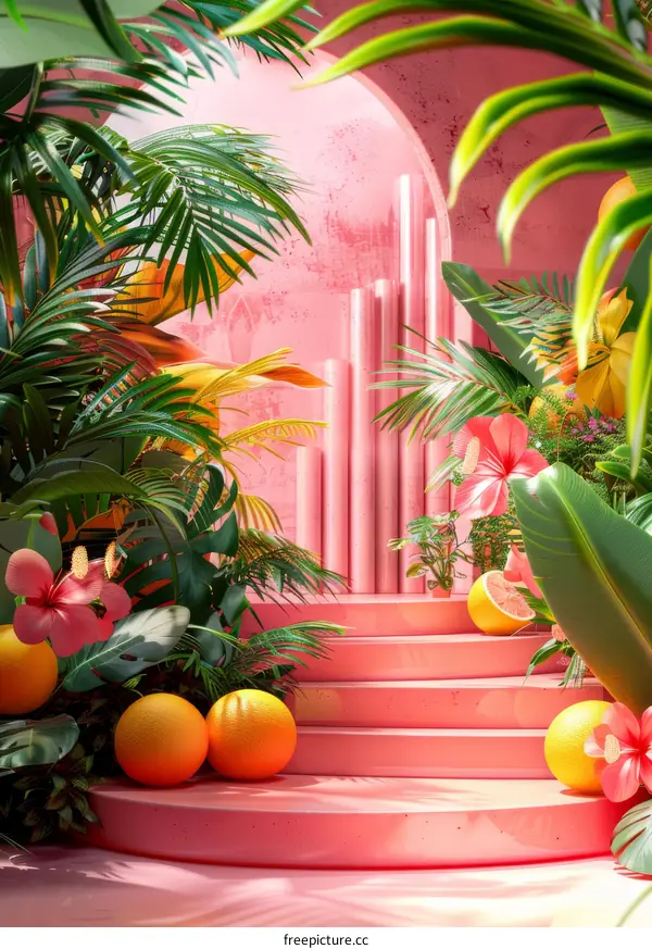 Pink Tropical Paradise Scene Illustration