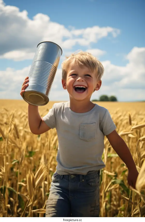 Happy boy playing in a wheat field