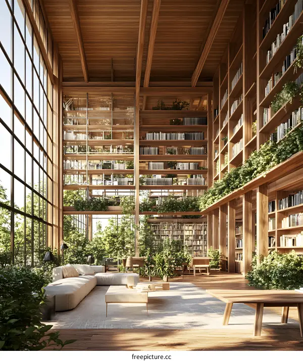 Modern Library Interior Design with Wooden Bookshelves and Greenery