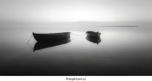 Misty Morning on the Lake with Two Wooden Boats