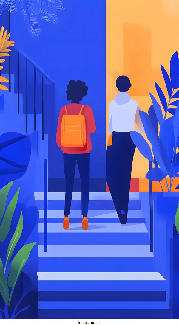 Two People Walking Up Stairs With Backpack and Plants
