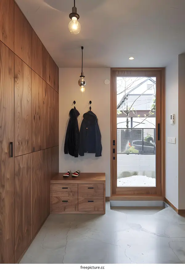 Minimalist Wooden Entrance with Hanging Coats and Shoes