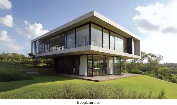 Modern Glass House With Green Grass And Blue Sky