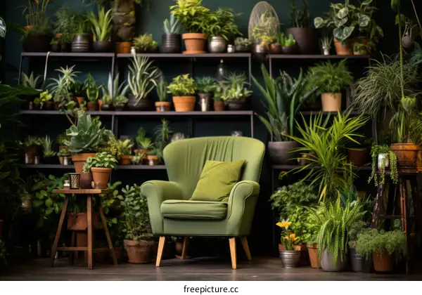 Indoor garden with green armchair