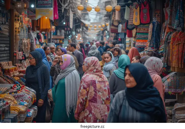 Crowded Middle Eastern Market with Women Wearing Headscarves