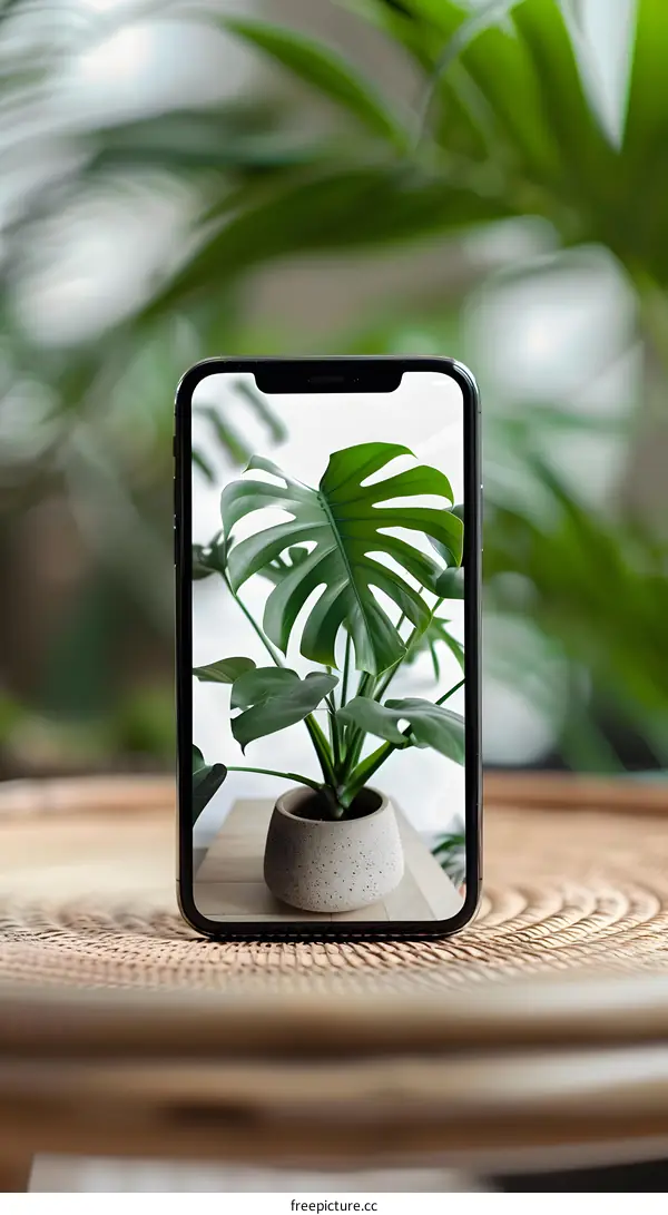 Phone Screen Showing Monstera Plant In A Pot