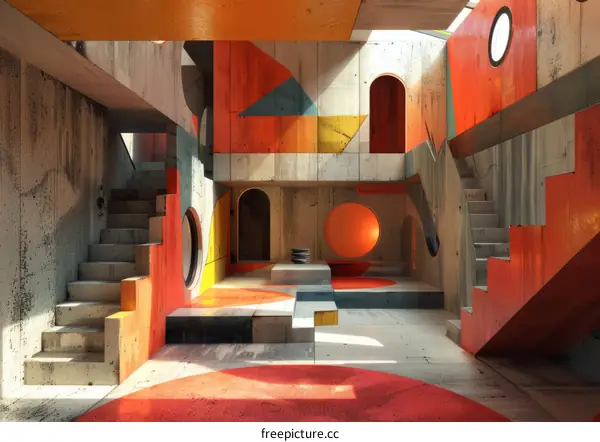 Colorful 3D building interior with geometric shapes and staircases