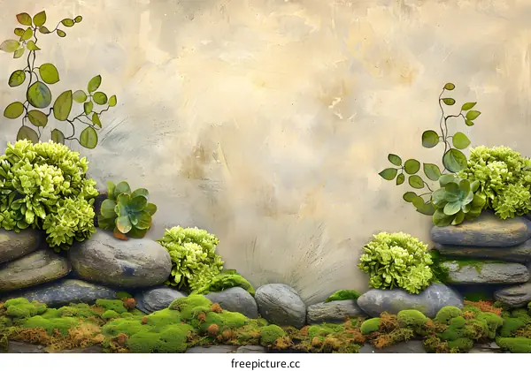 Green Plants and Stones on a Wall Background