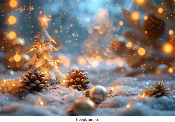 Christmas Tree and Pine Cones Glimmering in the Snow