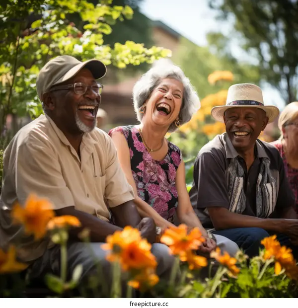 A group of elderly people are laughing and enjoying the sunshine in a garden.
