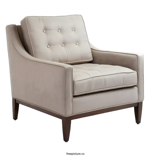 [Transparent Background PNG]Beige Upholstered Armchair with Wooden Legs
