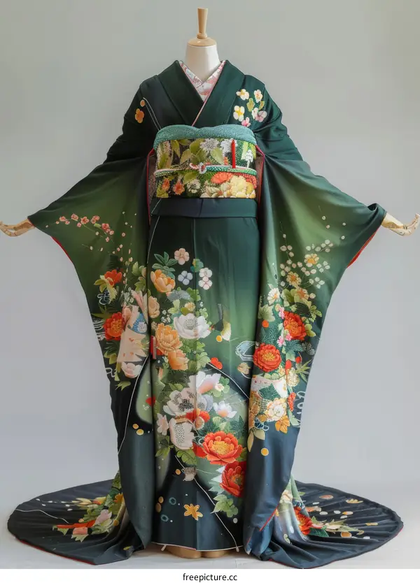 A woman wearing a green kimono with floral patterns