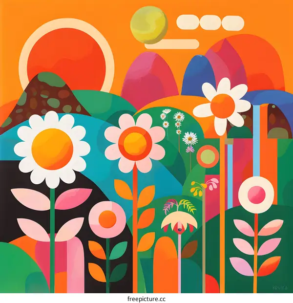 Abstract Colorful Illustration of Flowers and Hills