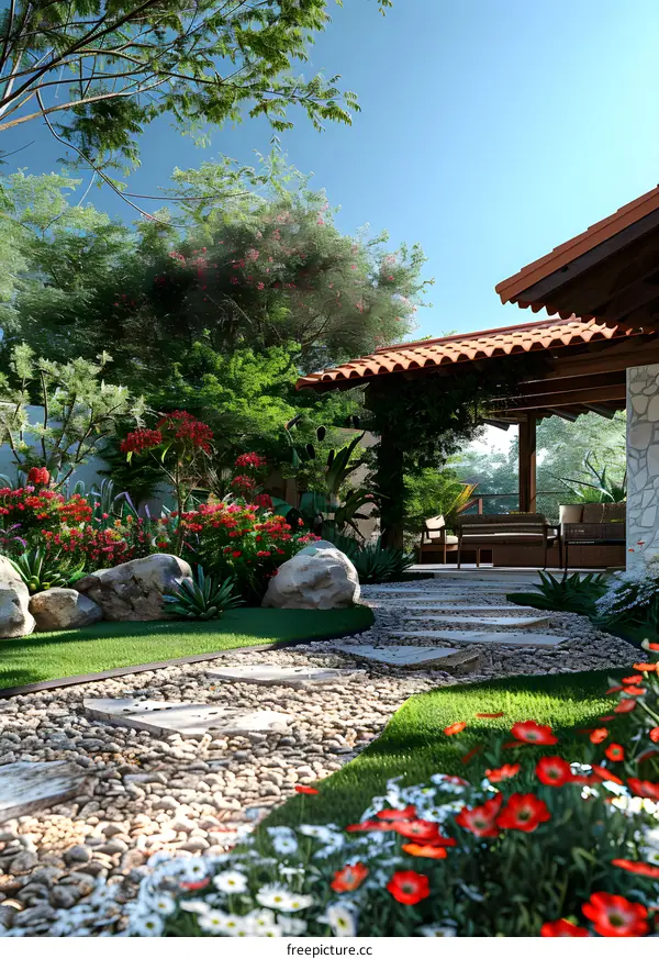 Courtyard with flowers and stone path