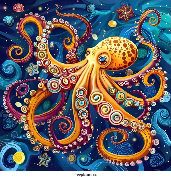 Colorful Octopus Illustration with Swirling Background