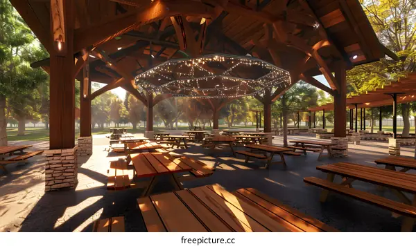 Wooden Picnic Pavilion with String Lights