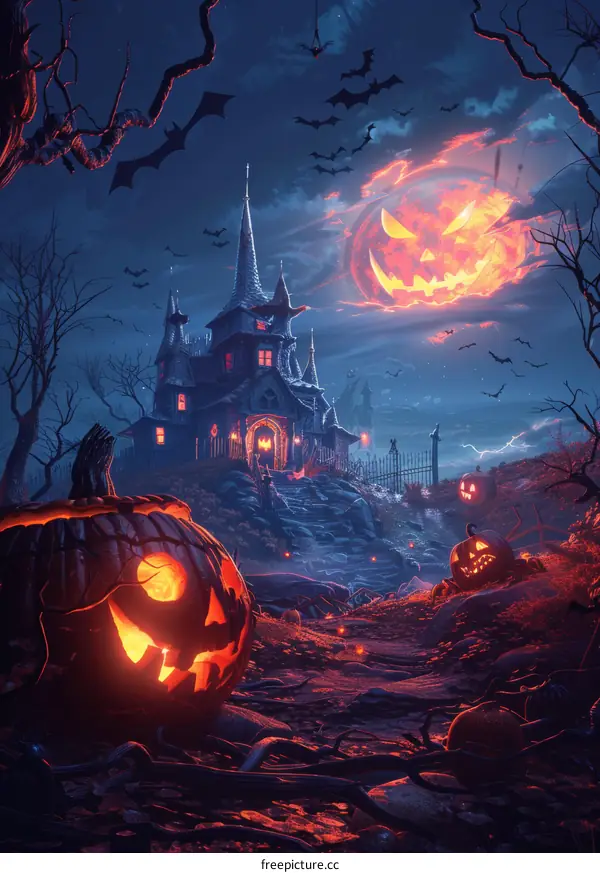 Halloween Scene with Haunted House and Jack-o'-Lanterns