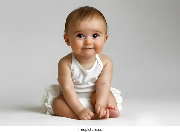 Cute Baby Girl Sitting On White Background