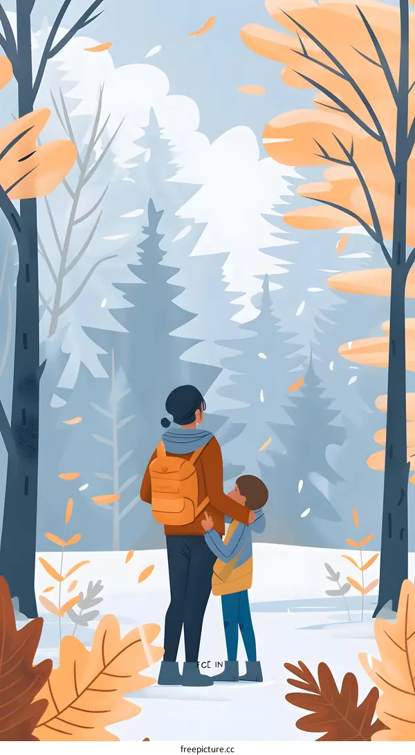 Winter Forest Illustration of Mother and Son in Nature