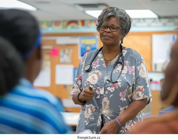 Black female nurse practitioner smiling while teaching a class of students