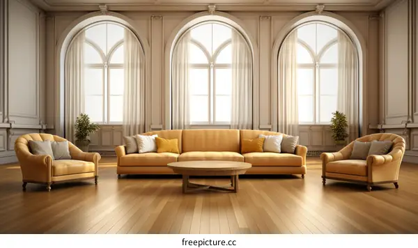 3D rendering of a classic living room interior with yellow furniture