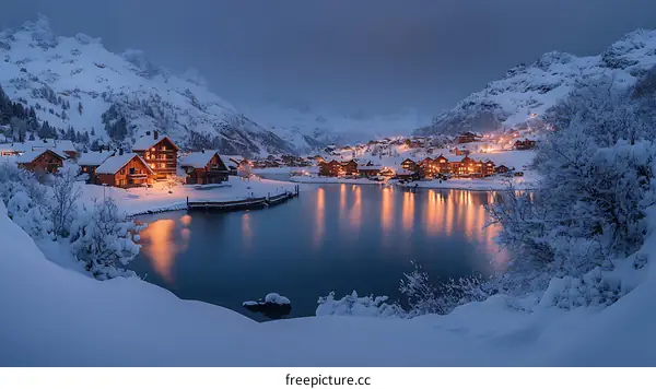 Winter Wonderland Village by Lake at Night