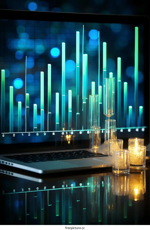 Laptop with graphs and burning candles on table