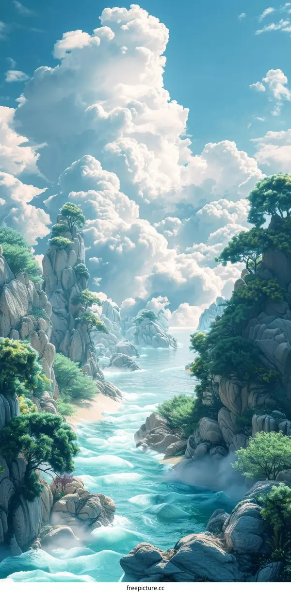 Fantasy landscape with a river flowing through a valley